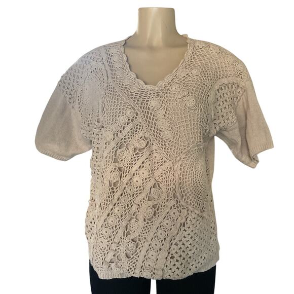 Colleen’s Hand Knit Crochet Sweater Beige Women’s M Vintage 80s Made in Korea - Picture 1 of 8